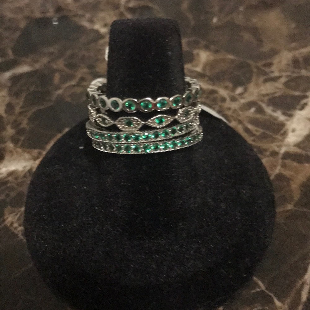 Green stone silver band rings